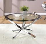 Side view of Brooke Glass Top Coffee Table highlighting chrome metal base and glass top