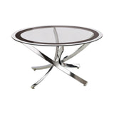 Angled front view of Brooke Glass Top Coffee Table with chrome frame and black tempered glass top