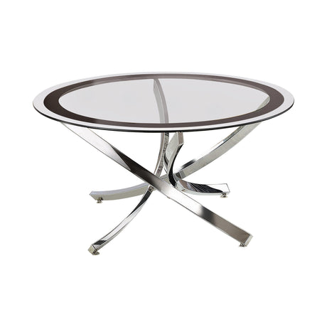 Angled front view of Brooke Glass Top Coffee Table with chrome frame and black tempered glass top