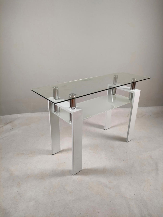 Dyer sofa console table with clear glass top and white metal frame