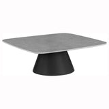 Eason coffee table angle showing concrete-look top and black metal base