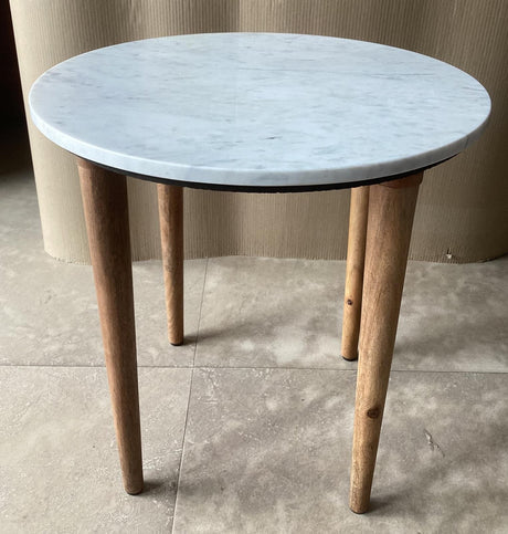Aldis round marble top side end table with white tabletop and natural mango wood base