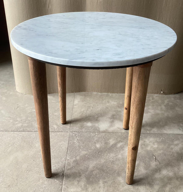 Aldis round marble top side end table with white tabletop and natural mango wood base