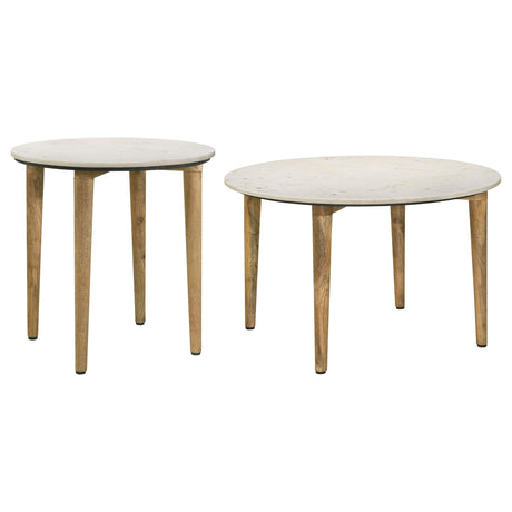 Aldis end table with white marble top and natural mango wood legs, angled side view