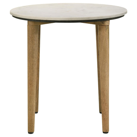 View of mango wood legs with natural finish and wood grain