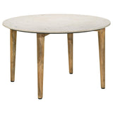 Close front view of coffee table showing round shape