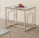 Merced End Table with tempered glass top and nickel base front view