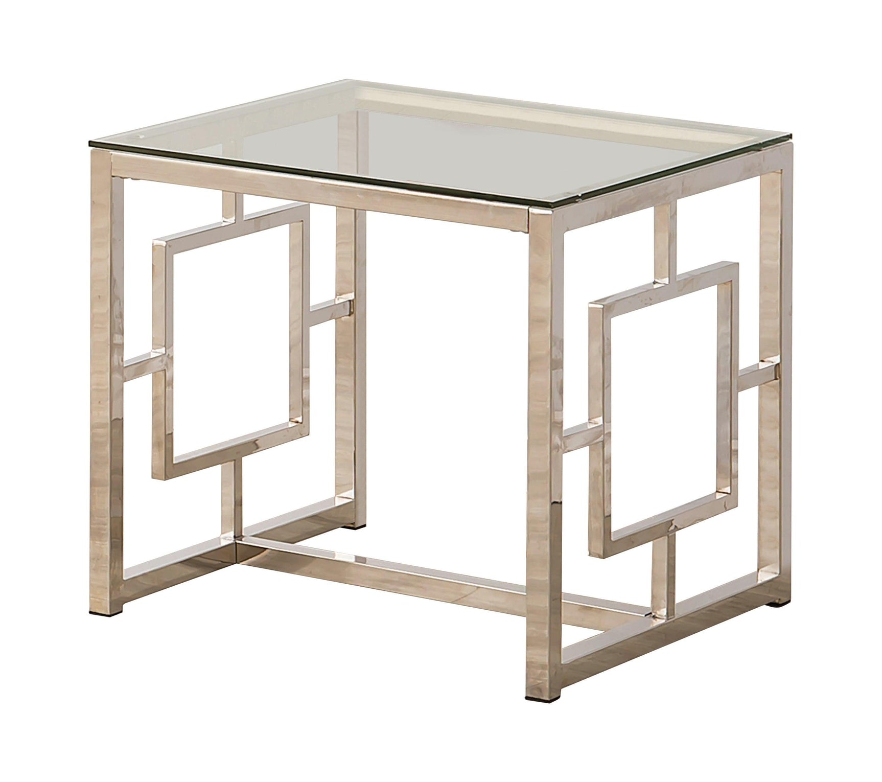 Close-up of Merced End Table showing nickel base and glass top
