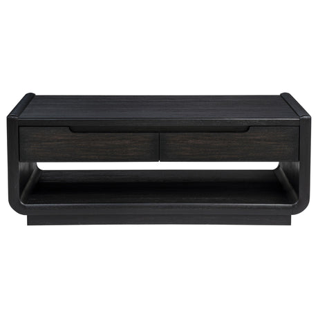 Leandro coffee table side view highlighting open lower shelf