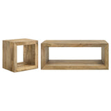 Benton end table with natural mango wood finish, side view
