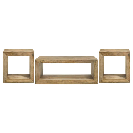 Benton end table side view showing lower shelf and natural finish