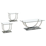 Danville coffee table close-up of glass top and chrome frame
