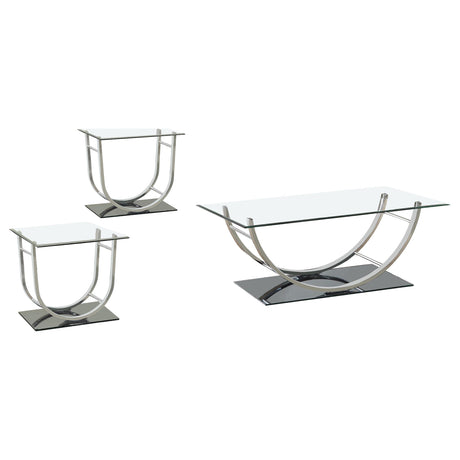 Danville coffee table close-up of glass top and chrome frame