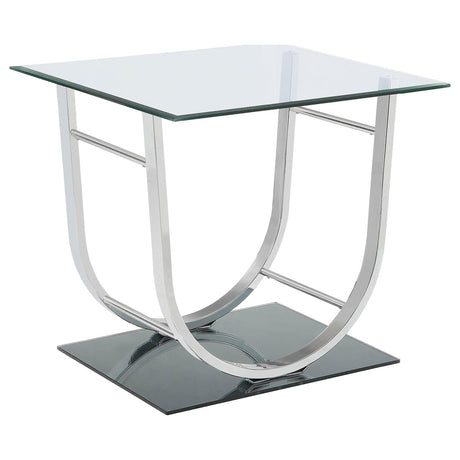 Side angle view of Danville end table showing curved chrome frame