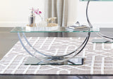 Side angle showing the U-shaped chrome legs and mirrored glass base panel