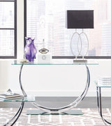Front angle view of Danville U-Shaped Sofa Table with glass top and chrome base