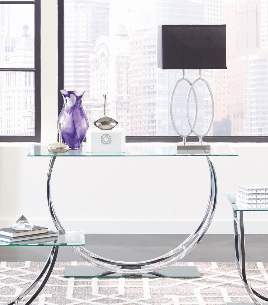Front angle view of Danville U-Shaped Sofa Table with glass top and chrome base