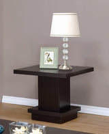 Reston Pedestal Square End Table cappuccino finish side view