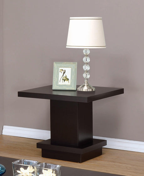 Reston Pedestal Square End Table cappuccino finish side view