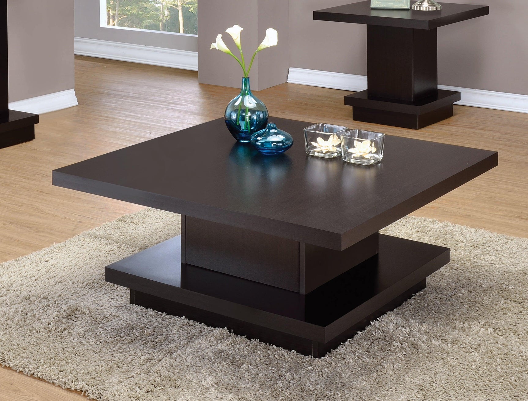 Reston pedestal square coffee table cappuccino angled top view