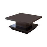 Reston cappuccino pedestal square coffee table showing shelf