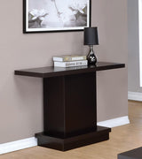 Side angle of Reston Pedestal Sofa Table highlighting pedestal base