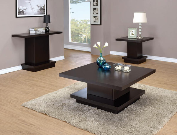 Reston Pedestal Sofa Table front view showing glass top and drawers