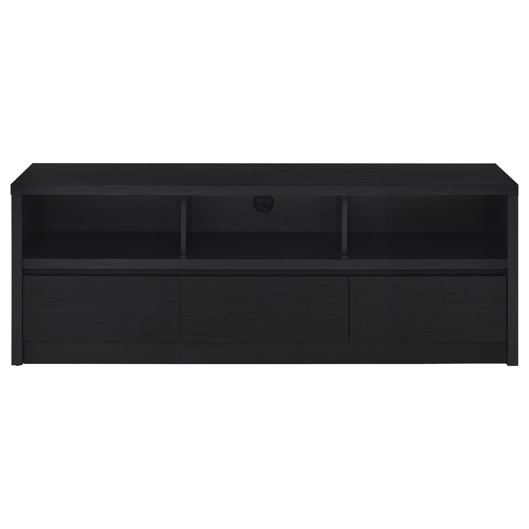 Open shelves of Rutland TV stand with media devices