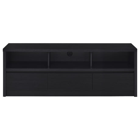 Open shelves of Rutland TV stand with media devices