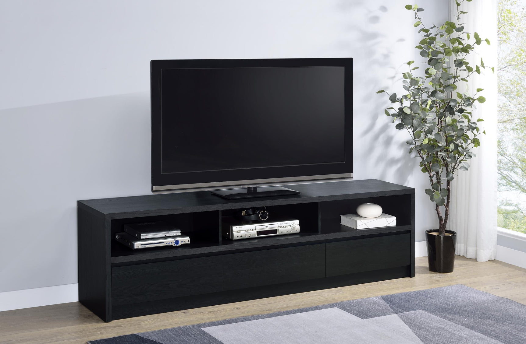 Side view of Rutland 78-inch black 3-drawer TV stand media console