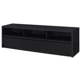 Open shelving area on Rutland TV stand showing electronic storage
