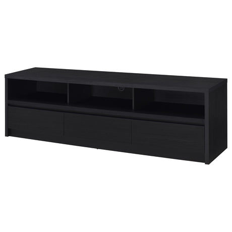 Open shelving area on Rutland TV stand showing electronic storage