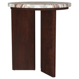 Side view of Jenna end table showing sculptural mango wood legs