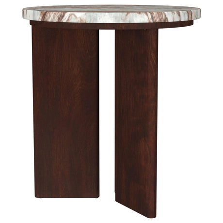 Side view of Jenna end table showing sculptural mango wood legs