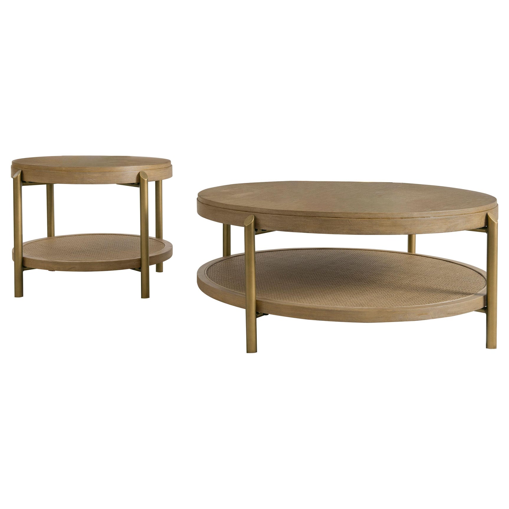 Round coffee table with rattan lower shelf and brass metal legs