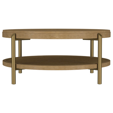 Side view of coffee table with rattan shelf
