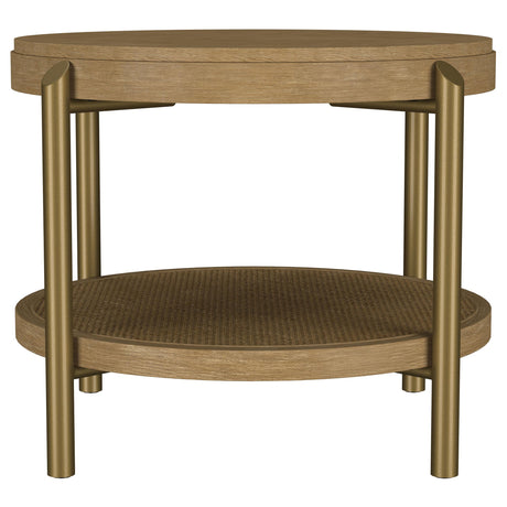 Side view of Arini end table showcasing aged brass metal legs