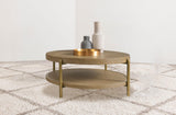 Close-up of rattan woven storage shelf under the round coffee table