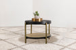 Side view of Arini round end side table with rattan lower shelf