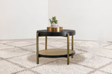 Side view of Arini round end side table with rattan lower shelf