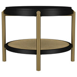 Arini round end side table in black with visible levelers for floor stability