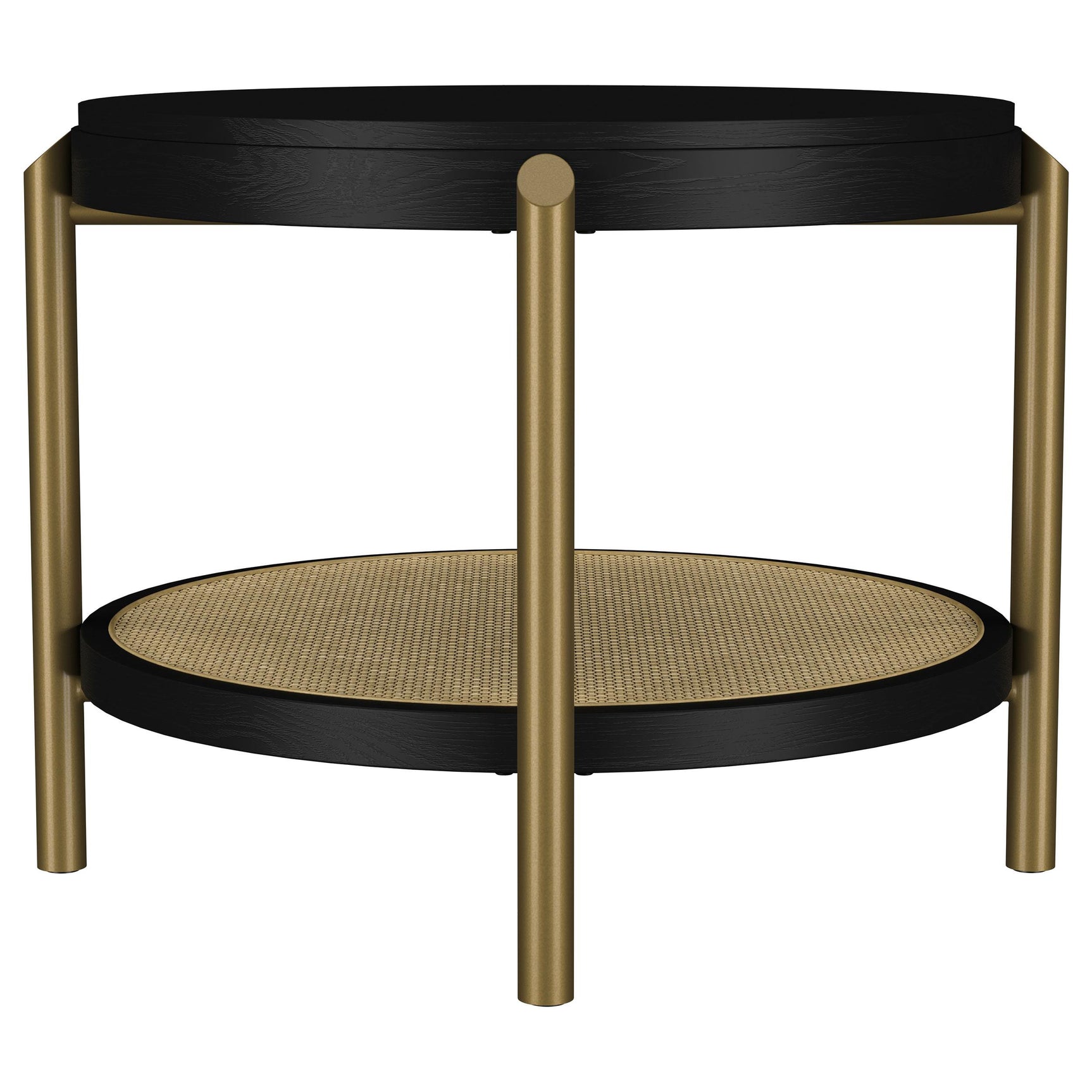 Arini round end side table in black with visible levelers for floor stability