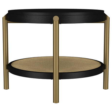 Arini round end side table in black with visible levelers for floor stability