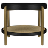 Metal legs with aged brass finish supporting Arini tables