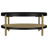 Arini end table showing round shape and rattan shelf