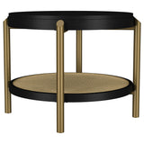 Black coffee table with woven rattan lower shelf