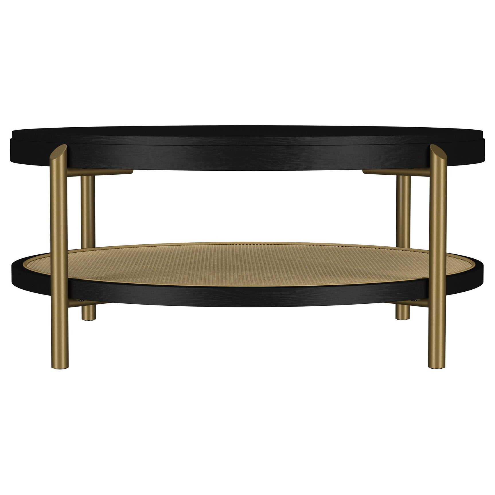 Woven rattan storage shelf under table