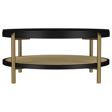 Woven rattan storage shelf under table