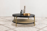 Close-up of woven rattan storage shelf on Arini coffee table