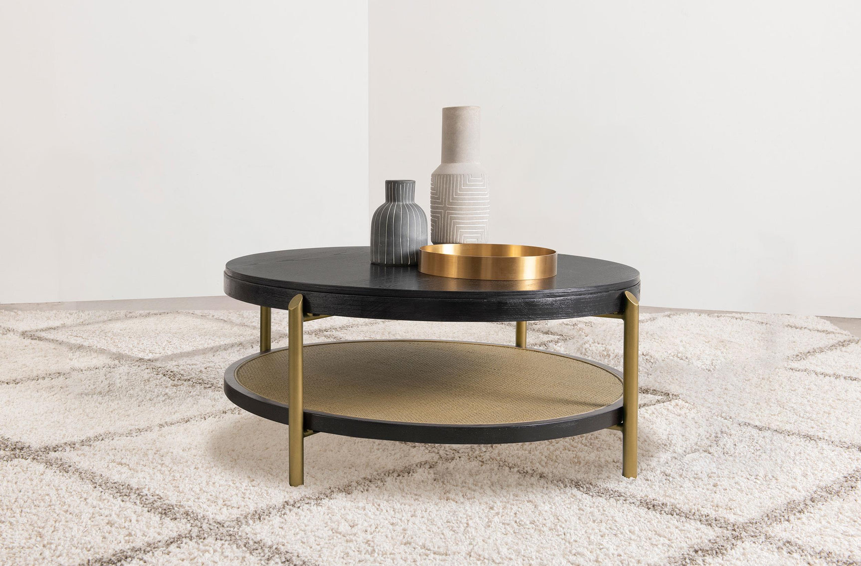 Close-up of woven rattan storage shelf on Arini coffee table